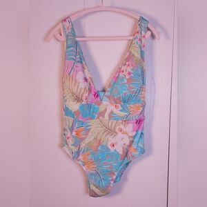 Coastal Waves NWT One Piece Swimsuit Floral Tropical Size 2X Colorful Ribbed